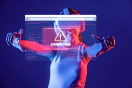 A virtual reality user stands before a digital display indicating a hacked system alert. This image highlights the growing concerns surrounding cybersecurity and digital threats.の写真素材