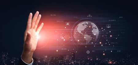 Global AI network showing connection between AI, global, and network elements across the digital world and data infrastructureの写真素材
