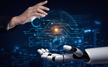 AI assistant presenting a business strategy workflow on a futuristic dashboard. The system provides data analysis and insights for project management and process optimization.の写真素材