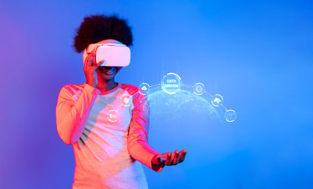 A person explores the intersection of data-driven strategies and virtual reality in business, showcasing the innovative use of technology for creative engagement and insight.の写真素材