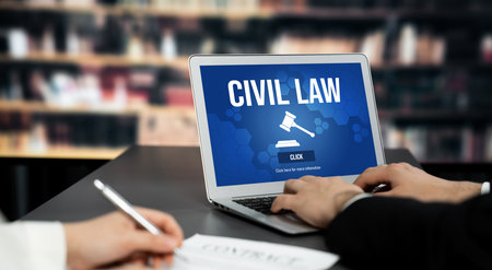 Civil law brisk information showing on computer screen for Common Justice Legal Regulation Rights...