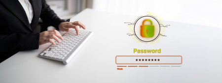 A concept of user authentication and password security. The interface shows a password strength meter, highlighting the importance of creating a strong code for account protection.の写真素材