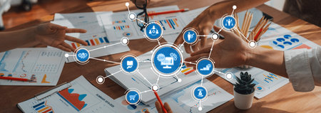 Analyst team utilizing BI Fintech to analyze and pointing at financial dashboard paper office....