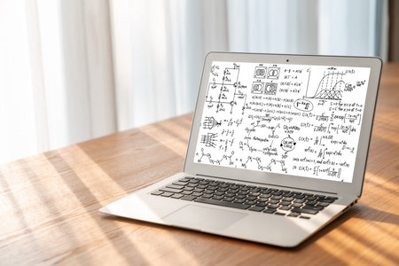 Mathematic equations and modish formula on computer screen showing concept of science and education