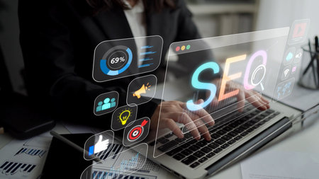 SEO concept for improving SEO visibility, with SEO related digital tools and SEO performance icons...