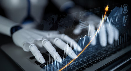 A futuristic robotic hand engaged in typing on a laptop, surrounded by data visualizations and a...