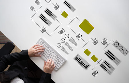 A professional woman types on a keyboard while analyzing a data flowchart on her desk, surrounded by...