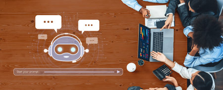 A diverse team collaborates in a modern office setting, discussing chatbot technology and digital...