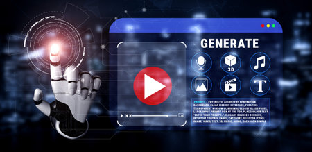 Futuristic Interface Featuring Robotic Hand Interacting with Media Controls for Content Generation...