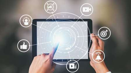 Content marketing interface with data dashboards, analytics charts, and content tools. Marketing...