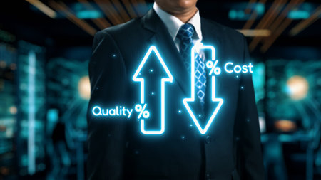 A businessman stands in a modern office, showcasing digital graphics that illustrate trends in...