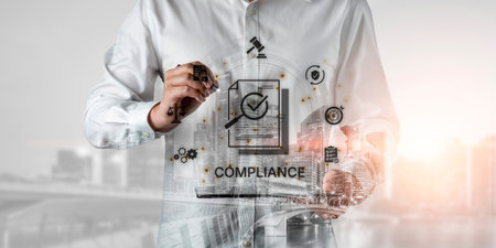 Concept of corporate compliance and risk management. Adhering to legal regulations and internal...