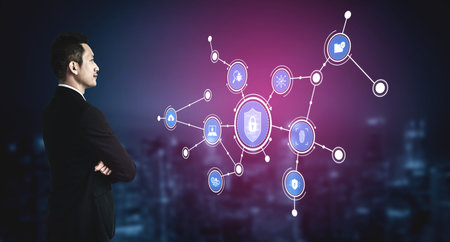 A businessman stands confidently, engaging with floating digital interfaces that represent various...