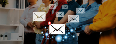 A group of professionals stands together, symbolizing collaboration and communication in a modern...