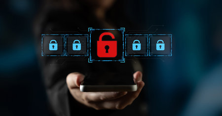 Digital security concept illustrating a cybersecurity breach, with a red unlocked padlock indicating...