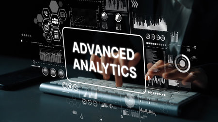 Advanced Analytics Concept with Digital Graphics and Keyboard for Data Analysis and Business...