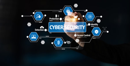 A visual representation of cyber security concepts, featuring icons related to protection,...
