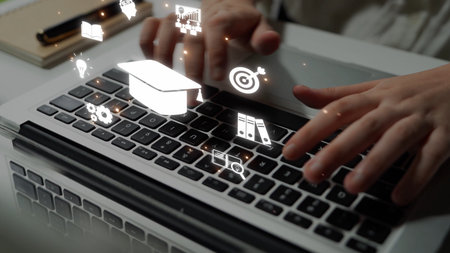 Online education boosts access to learning. Learn anytime through flexible platforms. Education technology transforms how we learn. Digital learning creates new education experiences worldwide.の写真素材