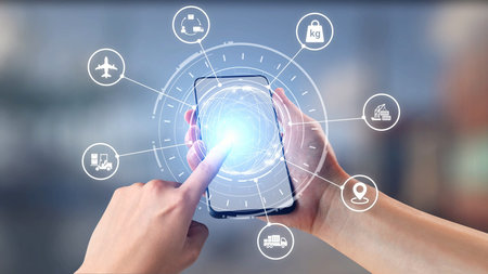 Logistics icons illustrate delivery, supply chain, warehouse, and shipping. Logistics connects...