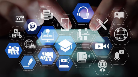 Online education icons show e-learning, online education classes, and digital study. Online...
