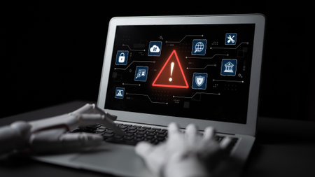 Exclamation alert symbol in digital system network reflecting AI threat, virus, and risk detection....