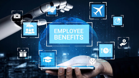 Futuristic Concept of Employee Benefits with Robotic Hand and Human Hand Interacting in Digital...