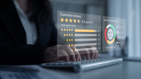 A professional working on a keyboard with a floating digital interface displaying customer reviews,...