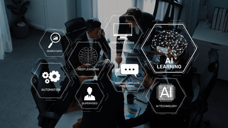 A business team engages in collaborative discussions focused on artificial intelligence learning,...
