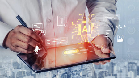 Individual Using Digital Tablet with AI Graphics and Illustrations for Creative Process in Modern...