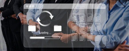 File synchronization or loading interface with progress bar, folders, and documents, symbolizing...