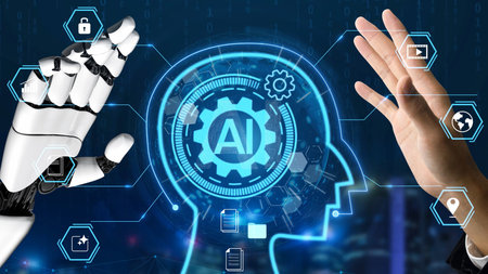 Human Hand and Robotic Hand Interacting with AI Technology in a Futuristic Digital Environment...