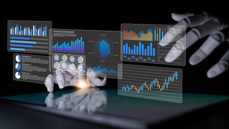 A person interacts with holographic data visualizations and charts above a tablet, showcasing...