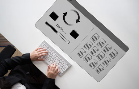 File synchronization or loading interface with progress bar, folders, and documents, symbolizing...