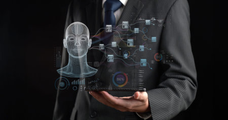 A businessman showcases a virtual AI assistant with dynamic data visualizations, representing the...