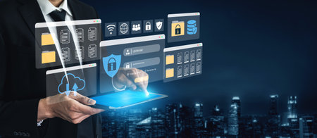 Secure login and file management interface with folder, password, and encryption icons for...
