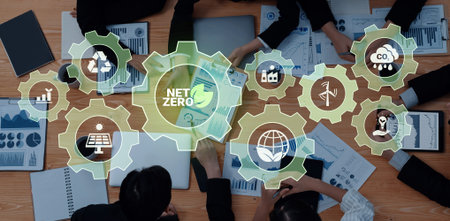 Interconnected green gears with icons representing renewable energy, carbon reduction, recycling,...