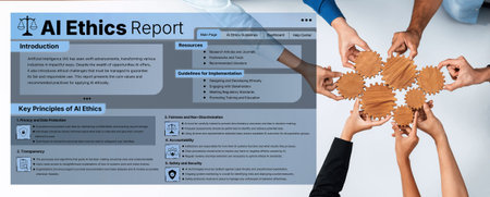 Engaging image of diverse hands collaborating over an AI ethics report, focusing on the importance...