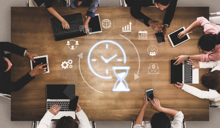 Time management improves productivity and workflow efficiency by organizing tasks, tracking performance, and optimizing work schedules for better focus and balanced performance. Parseの写真素材