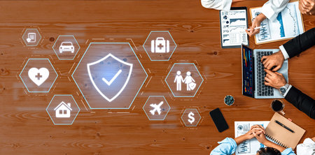 Digital icons symbolize security and services in a modern business setting. Professionals...