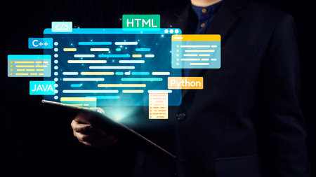 A professional individual is holding a digital tablet that showcases various programming languages,...