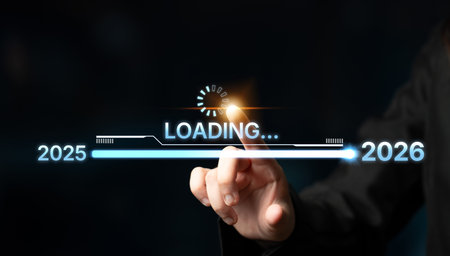 Visualizing the shift from 2025 to 2026. Progress bar symbolizing advancement, strategic foresight,...