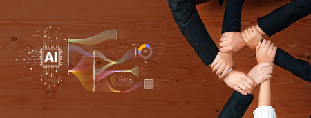 Hands joining together symbolize collaboration in artificial intelligence and technology. This image...