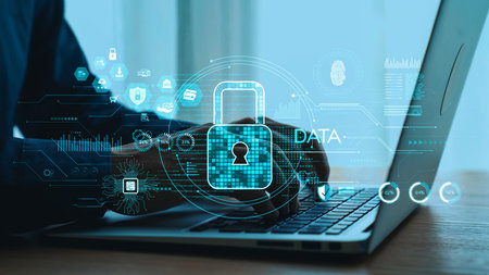 A modern representation of cybersecurity, featuring a padlock symbol and data protection interface...