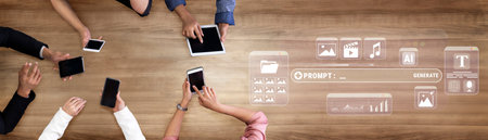 Diverse hands using modern technology with tablets and smartphones on a wooden table with digital...
