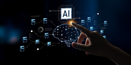 AI neural network and data processing system visualizing artificial intelligence with brain...