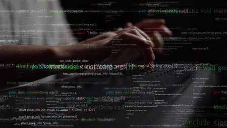 A captivating close-up image of hands typing on a keyboard, surrounded by flowing lines of code and...