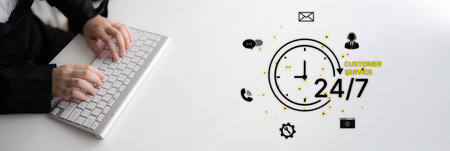 Concept of 24-hour customer service. Providing constant, non-stop support and assistance through...