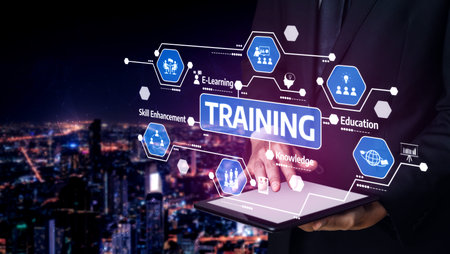 This image showcases a modern training concept with graphic overlays symbolizing education, skill...