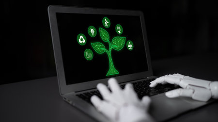 Futuristic Robot Hands Typing on Laptop with Green Tree Icons Representing Technology and...