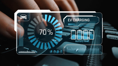 Charging interface for electric vehicles showing real-time battery level, charging status, power...